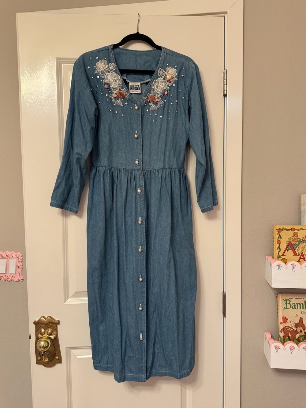 Embroidered Denim Blue Button-Front Women’s Dress